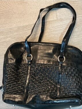 Coldwater Creek Black Woven & Croc-Embossed Shoulder Tote Computer Work Bag